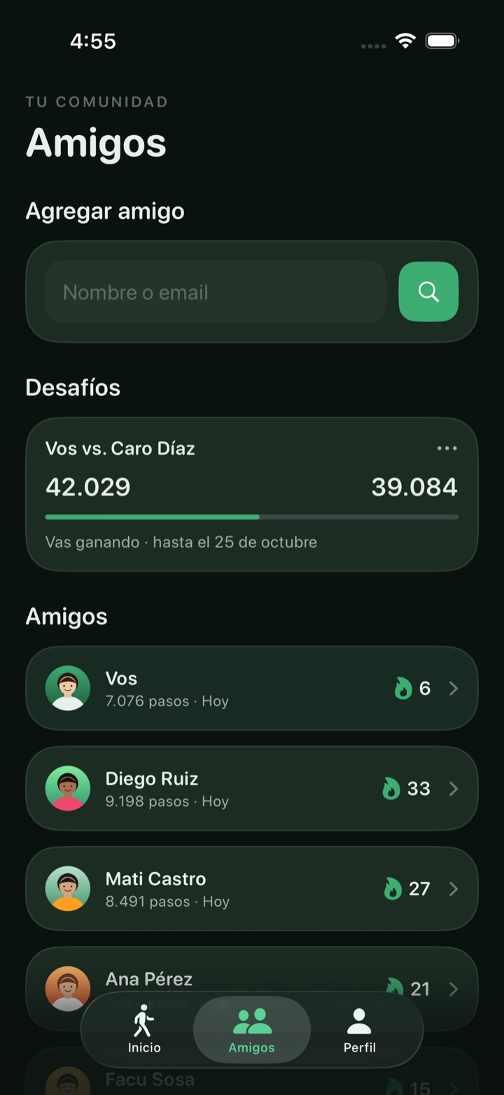 Pantalla de amigos con un desafío en curso y un ranking de amigos con sus rachas